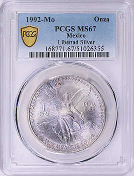 Mexico 1992-Mo Silver Onza Libertad KM-494.3 PCGS MS-67 (Toned