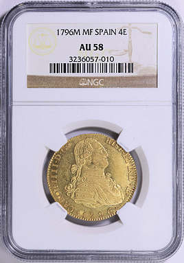 Spain 1796-M MF Gold 4 Escudos KM-436.1 NGC AU-58 (AGW = 0.3809 oz