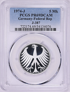 【PCGS PR68DCA】ドイツ5Mk銀貨 シュヴァイツァー 完全未使用614 Germany - Federal Republic 1974-J Silver 5 Marks KM-112.1 PCGS