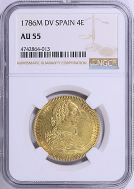 Spain 1786-M DV Gold 4 Escudos KM-418.1a NGC AU-55 (AGW = 0.3809