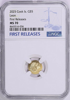 Cook Islands 2025 Gold $5 Leon First Releases NGC MS-70 (AGW