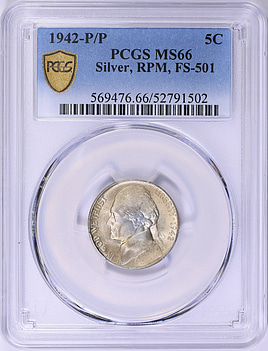 1942-P/P Jefferson Nickel Type 2, RPM FS-501 PCGS MS-66 (Item