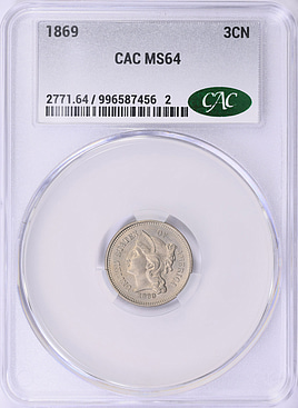 1869 Nickel Three-Cent Piece CACG MS-64 (Item 1950662