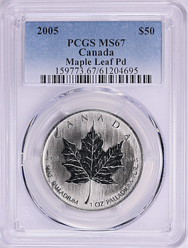 Canada 2005 Palladium $50 Maple Leaf PCGS MS-67 (APdW = 0.9995 Oz
