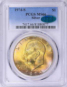 PCGS MS66 1974-S アイゼンハワー銀貨 $1 1974-S Eisenhower Dollar Silver PCGS MS-66 (CAC Green) (Toned