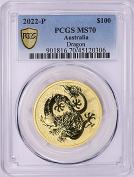 Australia 2022-P Gold $100 Dragon PCGS MS-70 (AGW = 1 Oz.) (Item