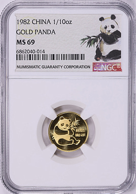 China 1982 Gold 1/10 Ounce Panda Medal Long Leaf KM-XMB8 NGC MS-69