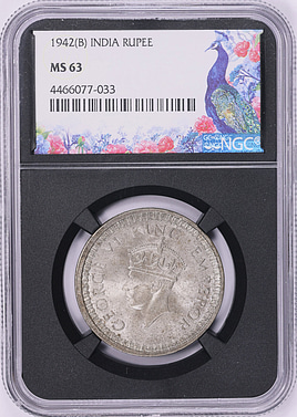 India 1942-(B) Silver Rupee KM-557.1 NGC MS-63 (Black Retro Holder