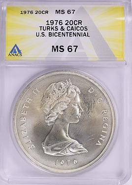 Turks & Caicos Islands 1976 Silver 20 Crowns U.S. Bicentennial KM