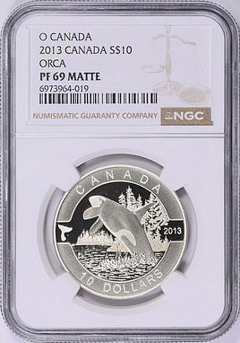Canada 2013 Silver $10 O Canada Series, Orca Whale Matte Finish KM