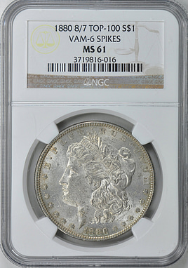 1880 Morgan Silver Dollar 8/7 VAM-6 Spikes Top 100 NGC MS-61 (Item 1880 Morgan Silver Dollar 8/7 VAM-6 Spikes Top 100 NGC MS-61 (Item