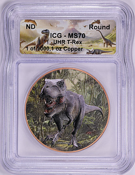 ND Colorized Copper 1oz T-Rex Ultra High Relief Private Mint Round