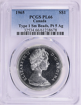 Canada 1965 Silver Dollar Type 1 Small Beads, Pointed 5 KM-64.1