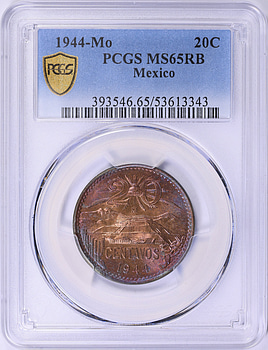 COIN35ページ Mexico 1944-Mo 20 Centavos KM-439 PCGS MS-65 RB (Toned) (Item