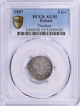 Poland 1597 Silver 3 Groszy Teschen Mint PCGS AU-55 | PCGS Cert