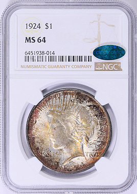 ピース 1924 Peace Silver Dollar NGC MS-64 (CAC Green) (Toned) (Item