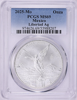額縁ニューメキシコ Mexico 2025-Mo Silver Onza Libertad KM-613 PCGS MS-69 | PCGS Cert