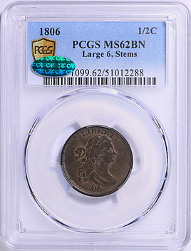 1806 Draped Bust Half Cent Large 6, Stems PCGS MS-62 BN (CAC Green