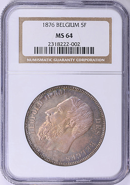 Belgium 1876 Silver 5 Francs KM-24 NGC MS-64 (Toned) (Item 1999460