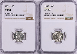 1939 and 1945 Mercury Dime NGC AU-58/MS-64 (2 Coins) (Item 2000965