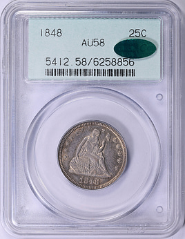 1848 Seated Liberty Quarter PCGS AU-58 (CAC Green) OGH (2nd Gen
