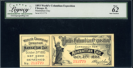 1893 Chicago World's Columbian Exposition Manhattan Day Ticket