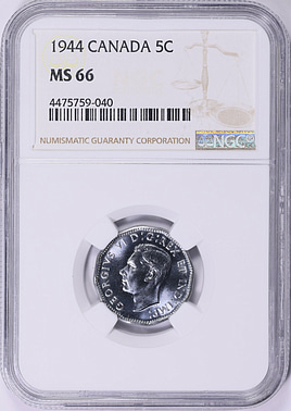 Canada 1944 5 Cents KM-40a NGC MS-66 (Item 2002833