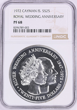 Cayman Islands 1972 Silver $25 Royal Silver Wedding Anniversary KM