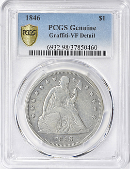 1846年 自由の女神像 銀貨 ハーフドル 希少 縦長 日付入り 表面 PCGS VF 30