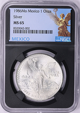 Mexico 1986-Mo Silver Onza Libertad KM-494.1 NGC MS-65 (Black