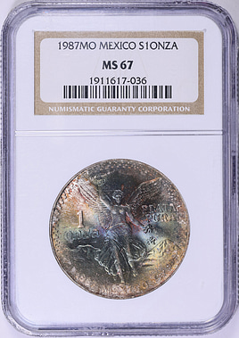 Mexico 1987-Mo Silver Onza Libertad KM-494.1 NGC MS-67 (Toned