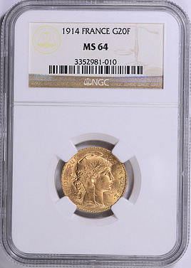 France 1914 Gold 20 Francs KM-857 NGC MS-64 (AGW = 0.1866 oz