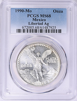 PCGS PR66DCAM サンマリノ 1990 500L銀貨 ワールドカップ Mexico 1990-Mo Silver Onza Libertad KM-494.2 PCGS MS-68 (Toned