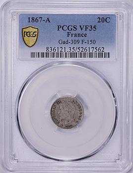 France 1867-A Silver 20 Centimes KM-808.1 PCGS VF-35 (Item 2014229
