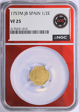 Spain 1757-M JB Gold 1/2 Escudo KM-378 NGC VF-25 (AGW = 0.0498 Oz