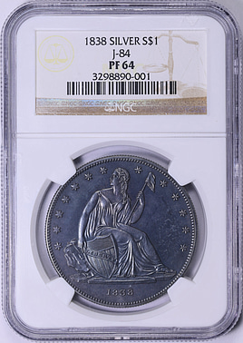 1838 Gobrecht Silver Dollar $1 J-84 NGC Proof-64 (Toned) (Item