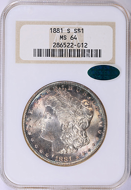 AH1299 (1881) モロッコ 銀貨 PCGS MS64 1881-S Morgan Silver Dollar NGC MS-64 (CAC Green) (Toned) OH (Item