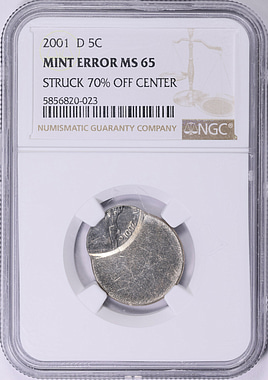 Mint Error 2001-D Jefferson Nickel Struck 70% Off-Center NGC MS-65