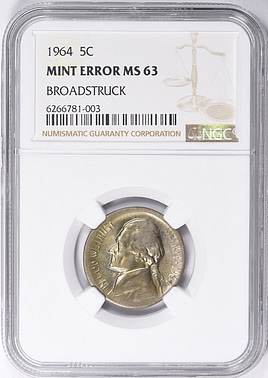 Mint Error 1964 Jefferson Nickel Broadstruck NGC MS-63 | NGC Cert