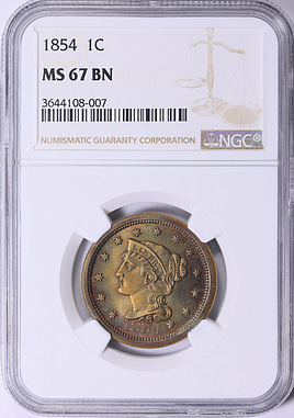 1854 Braided Hair Cent NGC MS-67 BN (Toned) (Item 2026039