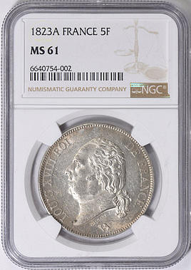 France 1823-A Silver 5 Francs KM-711.1 NGC MS-61 (Item 2026083