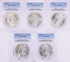 1904-O Morgan Silver Dollar PCGS MS-62 (5 Coins) (Toned) (Item