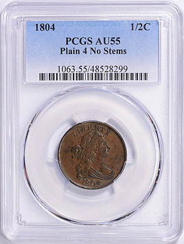 1804 Draped Bust Half Cent Plain 4, No Stems PCGS AU-55 BN (Item