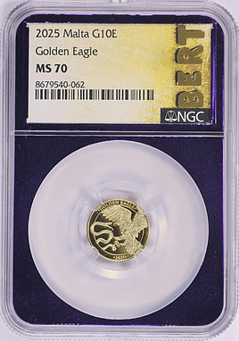 Malta 2025 Gold €10 Golden Eagle NGC MS-70 (Metallic Purple Frame