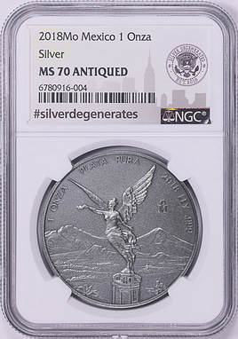 Mexico 2018-Mo Silver Onza Libertad Antique Finish KM-639 NGC MS