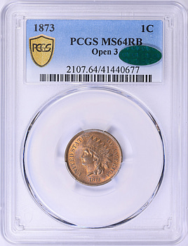 1873 Indian Cent Open 3 PCGS MS-64 RB (CAC Green) (Item 2041936
