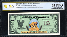 1997 Disneyland $10 Disney Dollar Note Simba / 25th Anniversary of
