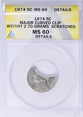 Mint Error 1974 Jefferson Nickel Major Curved Clip Weight 2.70