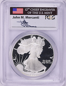 1986-S $1 Silver Eagle PCGS Proof-70 DCAM (Mercanti Signed Flag