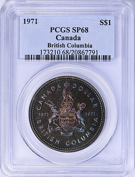 Canada 1971 Silver Dollar British Columbia KM-80 PCGS SP-68 (Toned